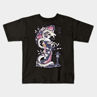 Japanese Girl With Dragon and Cats T-Shirt 01 Kids T-Shirt